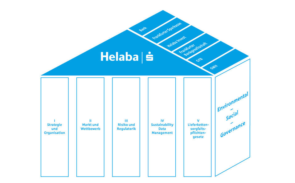 Das Programm HelabaSustained ist in fünf Säulen untergliedert, die mit Umwelt-, Sozial- und Governance-Themen alle drei ESG-Dimensionen abdecken. Innerhalb der Säulen sind Initiativen und Arbeitsgruppen mit der Planung und Umsetzung von Maßnahmen befasst.